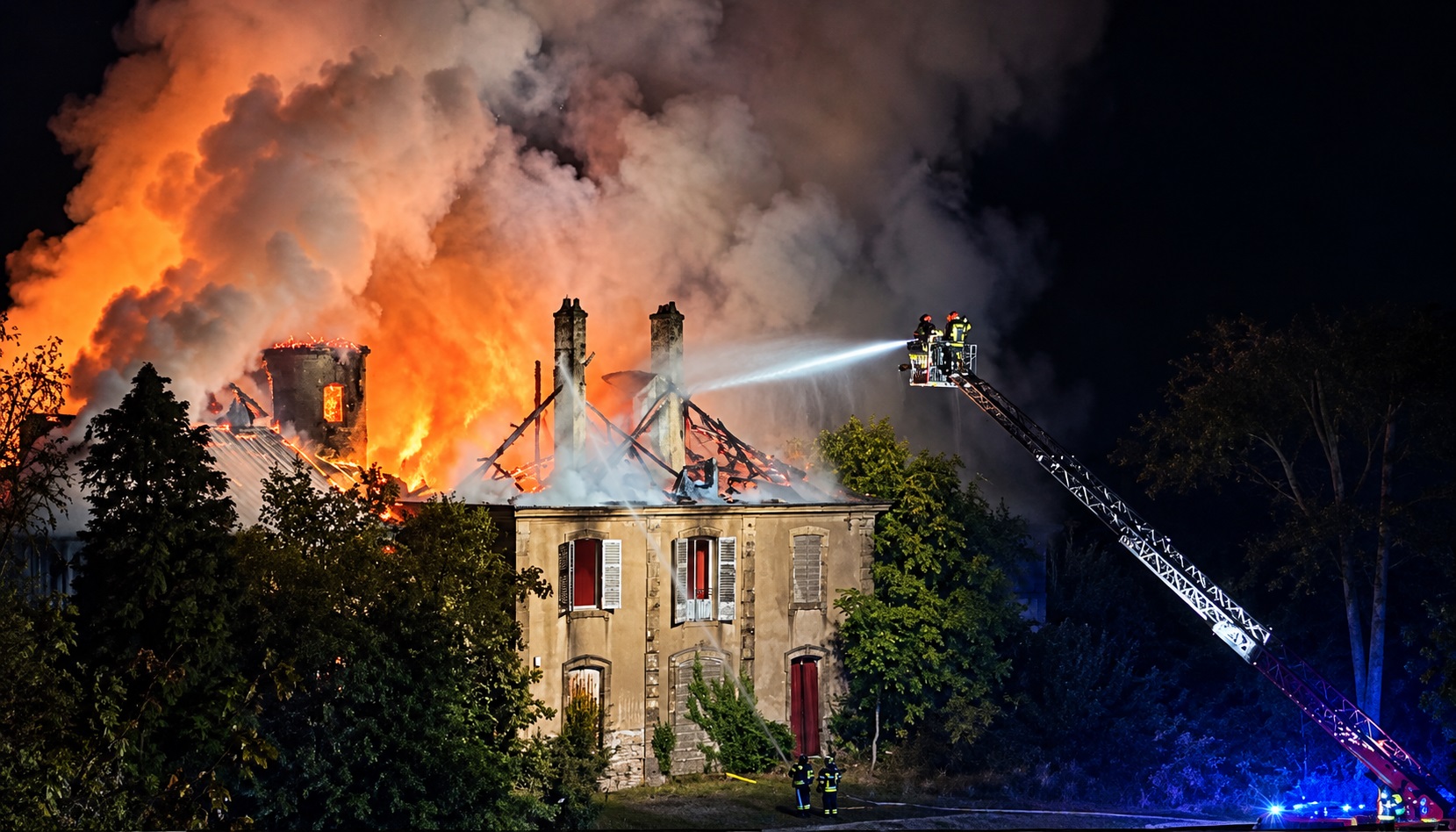 Le château de la Favorite à Lunéville ravagé par les flammes